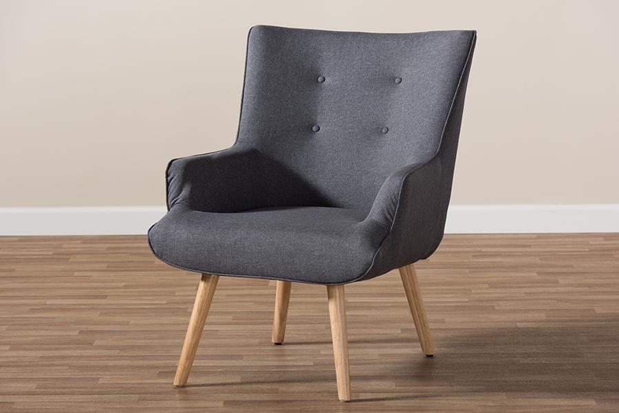 Baxton Studio Alden Mid-Century Modern Dark Grey Fabric Upholstered Natural Finished Wood Lounge Chair