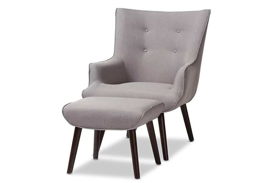 Baxton Studio Alden Mid-Century Modern Light Grey Fabric Upholstered Dark Brown Finished Wood Lounge Chair and Ottoman Set