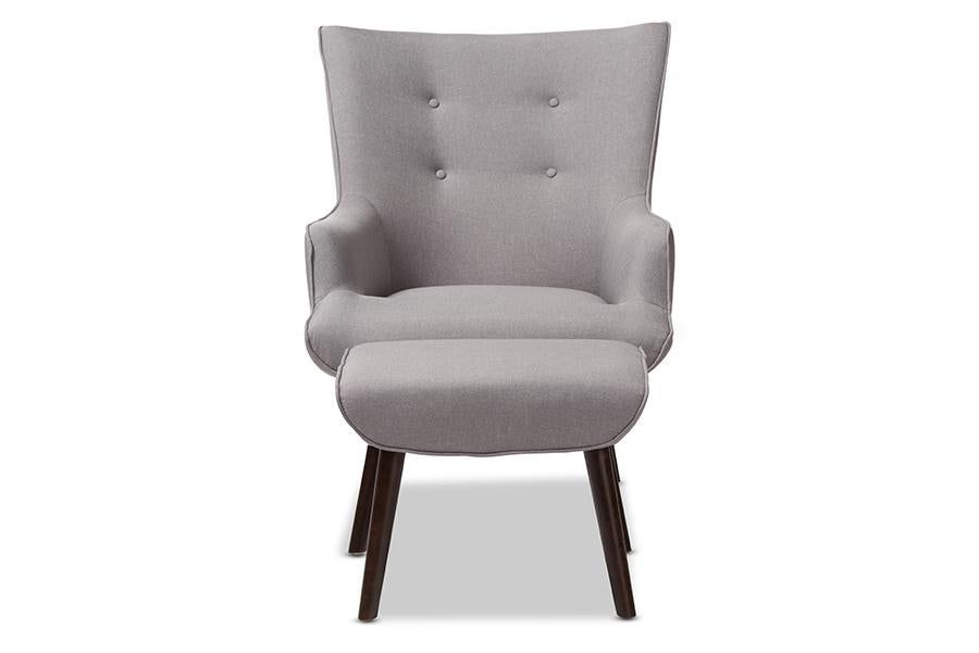 Baxton Studio Alden Mid-Century Modern Light Grey Fabric Upholstered Dark Brown Finished Wood Lounge Chair and Ottoman Set