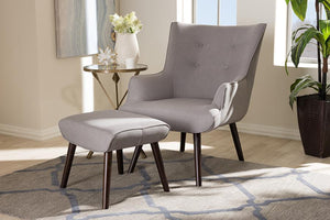 Baxton Studio Alden Mid-Century Modern Light Grey Fabric Upholstered Dark Brown Finished Wood Lounge Chair and Ottoman Set