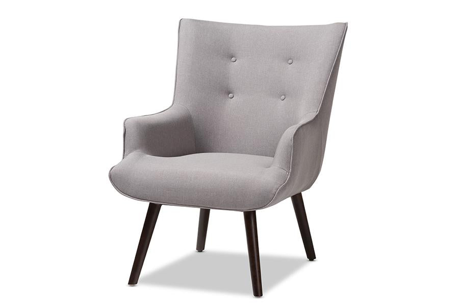 Baxton Studio Alden Mid-Century Modern Light Grey Fabric Upholstered Dark Brown Finished Wood Lounge Chair