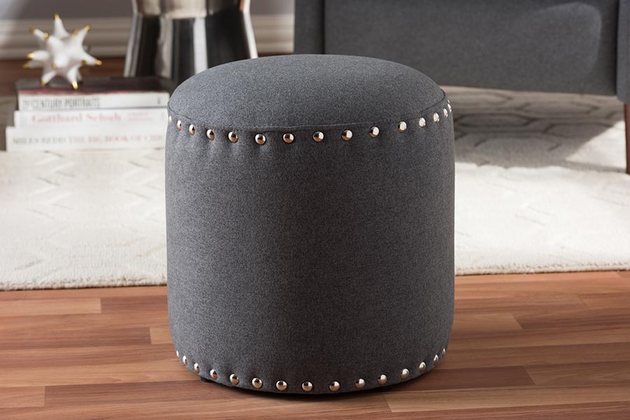 Baxton Studio Rosine Modern and Contemporary Dark Grey Fabric Upholstered Nail Trim Ottoman