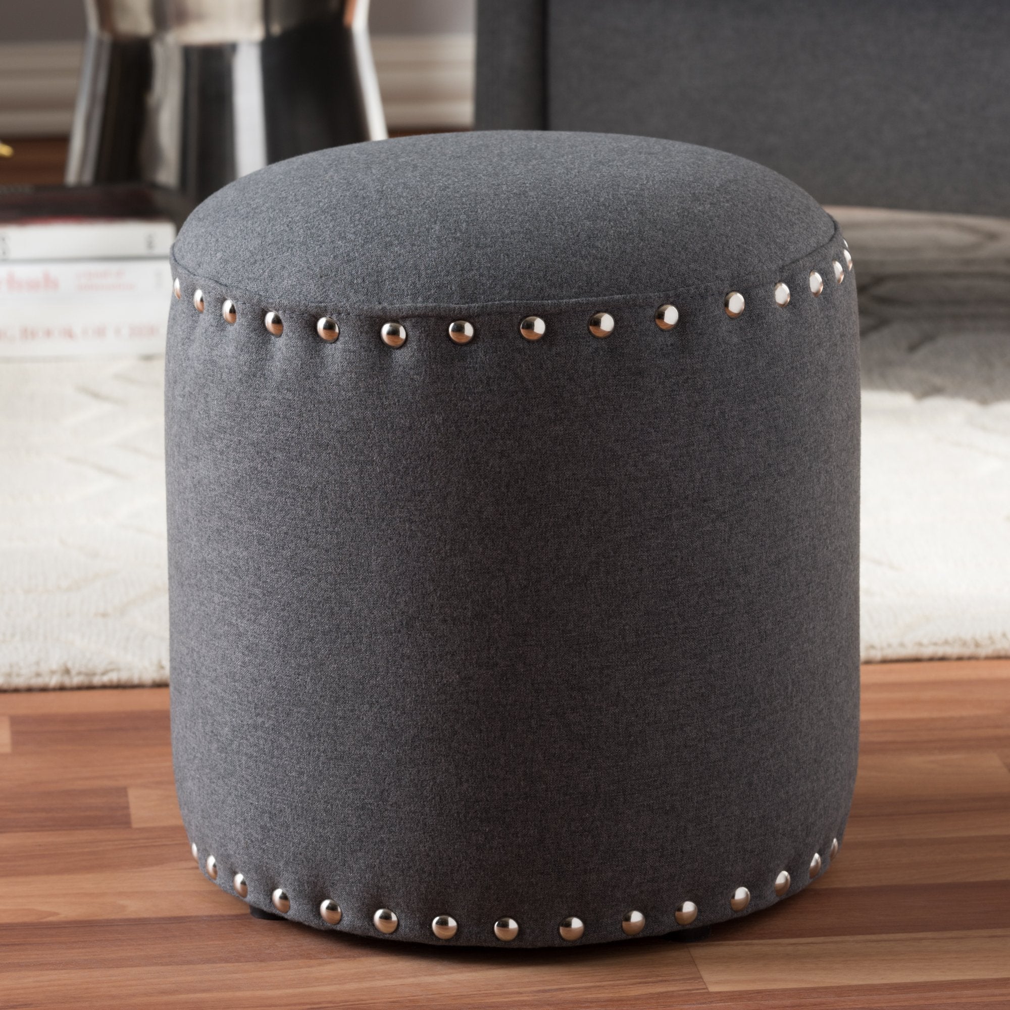 Baxton Studio Rosine Modern and Contemporary Dark Grey Fabric Upholstered Nail Trim Ottoman