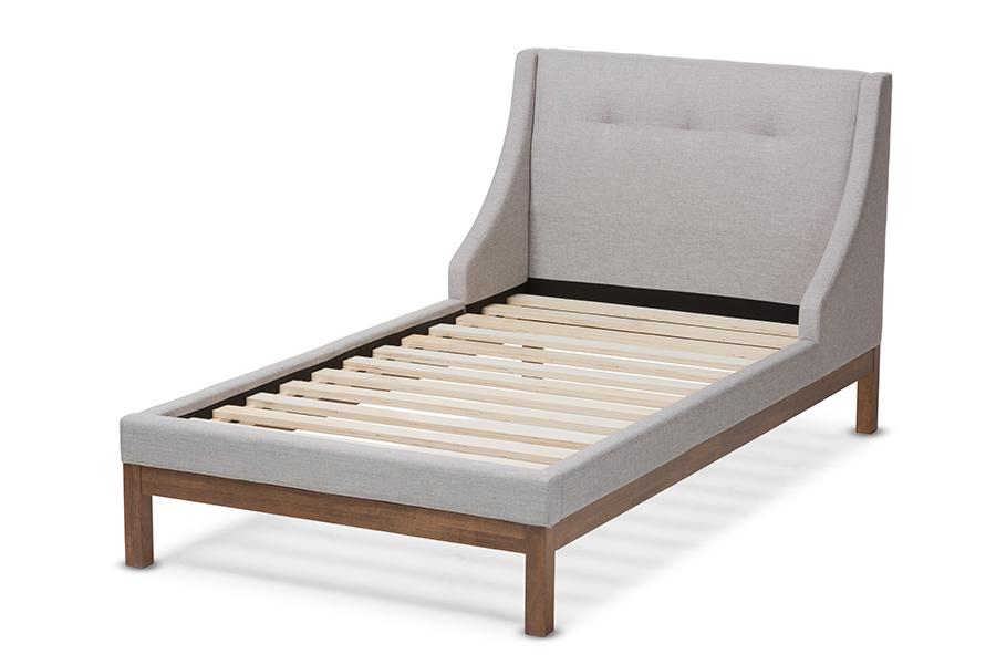 Baxton Studio Louvain Modern and Contemporary Greyish Beige Fabric Upholstered Walnut-Finished Twin Sized Platform Bed