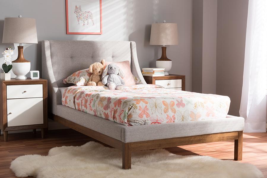 Baxton Studio Louvain Modern and Contemporary Greyish Beige Fabric Upholstered Walnut-Finished Twin Sized Platform Bed