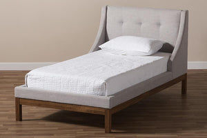 Baxton Studio Louvain Modern and Contemporary Greyish Beige Fabric Upholstered Walnut-Finished Twin Sized Platform Bed