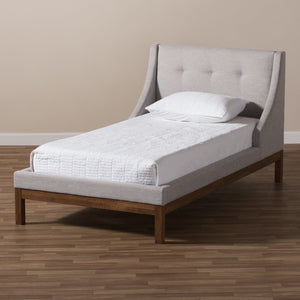 Baxton Studio Louvain Modern and Contemporary Greyish Beige Fabric Upholstered Walnut-Finished Twin Sized Platform Bed