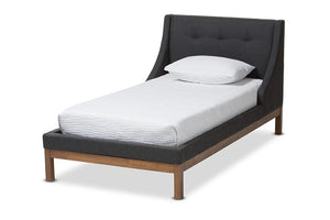 Baxton Studio Louvain Modern and Contemporary Dark Grey Fabric Upholstered Walnut-Finished Twin Sized Platform Bed