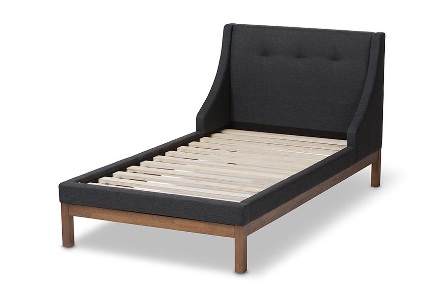 Baxton Studio Louvain Modern and Contemporary Dark Grey Fabric Upholstered Walnut-Finished Twin Sized Platform Bed