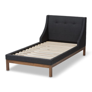 Baxton Studio Louvain Modern and Contemporary Dark Grey Fabric Upholstered Walnut-Finished Twin Sized Platform Bed