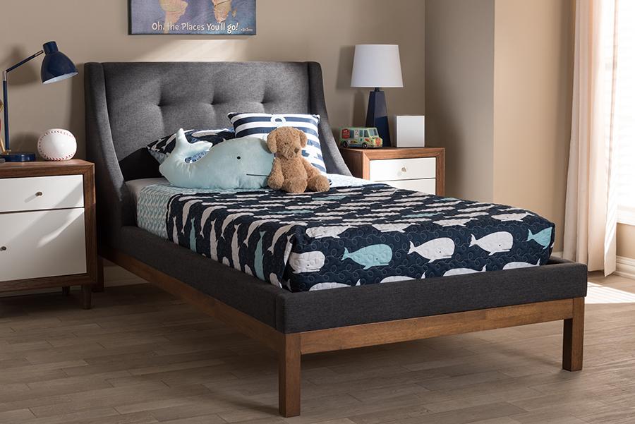 Baxton Studio Louvain Modern and Contemporary Dark Grey Fabric Upholstered Walnut-Finished Twin Sized Platform Bed