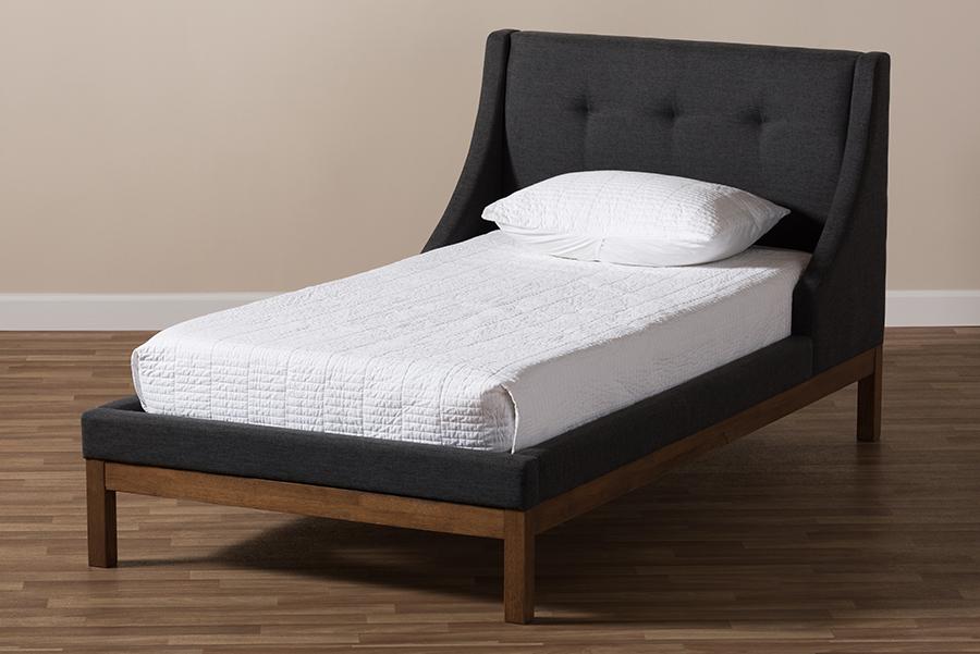 Baxton Studio Louvain Modern and Contemporary Dark Grey Fabric Upholstered Walnut-Finished Twin Sized Platform Bed