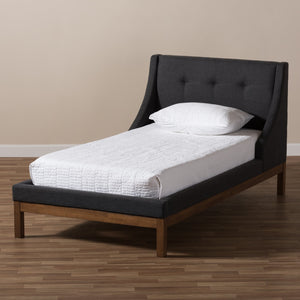 Baxton Studio Louvain Modern and Contemporary Dark Grey Fabric Upholstered Walnut-Finished Twin Sized Platform Bed