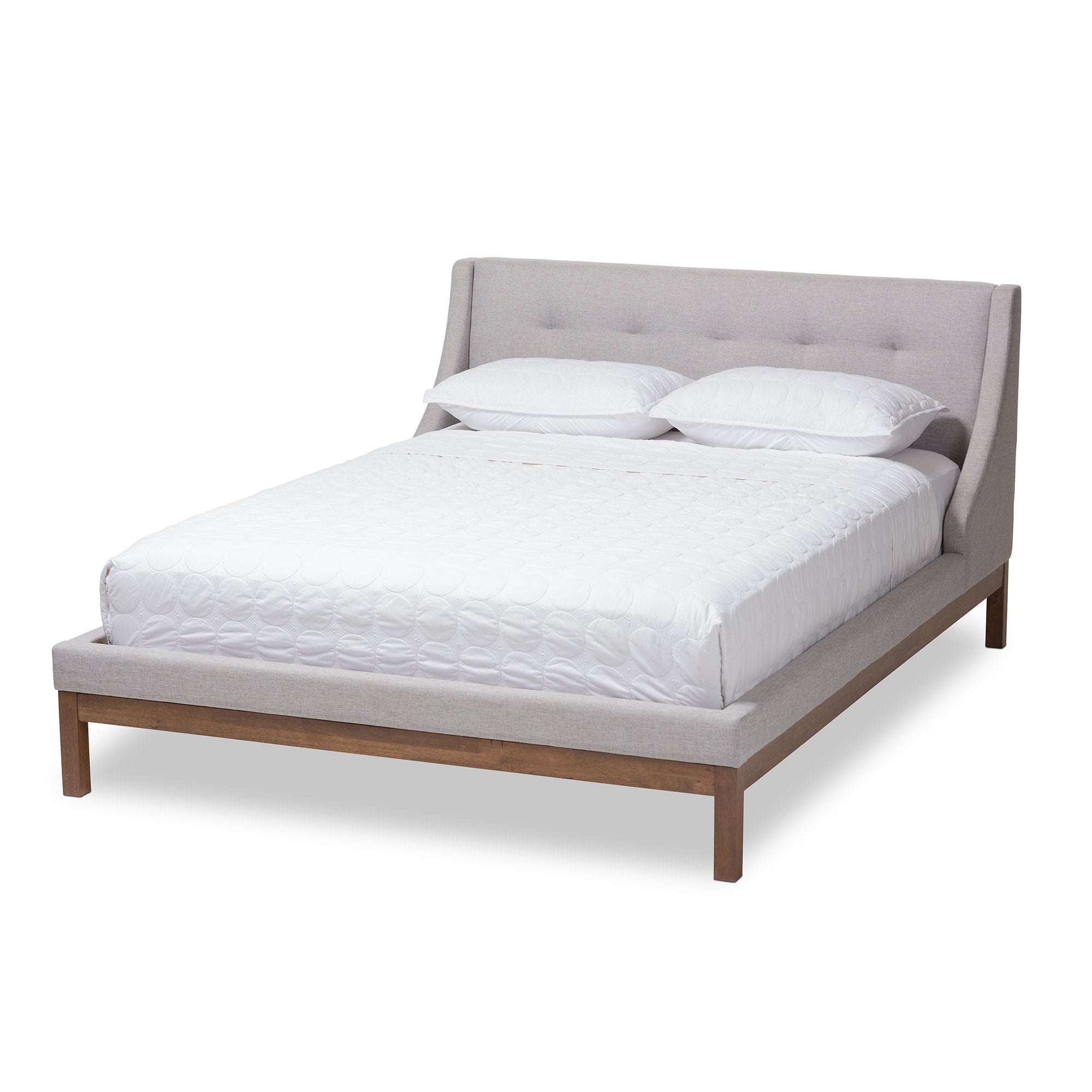 Baxton Studio Louvain Modern and Contemporary Greyish Beige Fabric Upholstered Walnut-Finished Full Sized Platform Bed