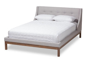 Baxton Studio Louvain Modern and Contemporary Greyish Beige Fabric Upholstered Walnut-Finished Full Sized Platform Bed