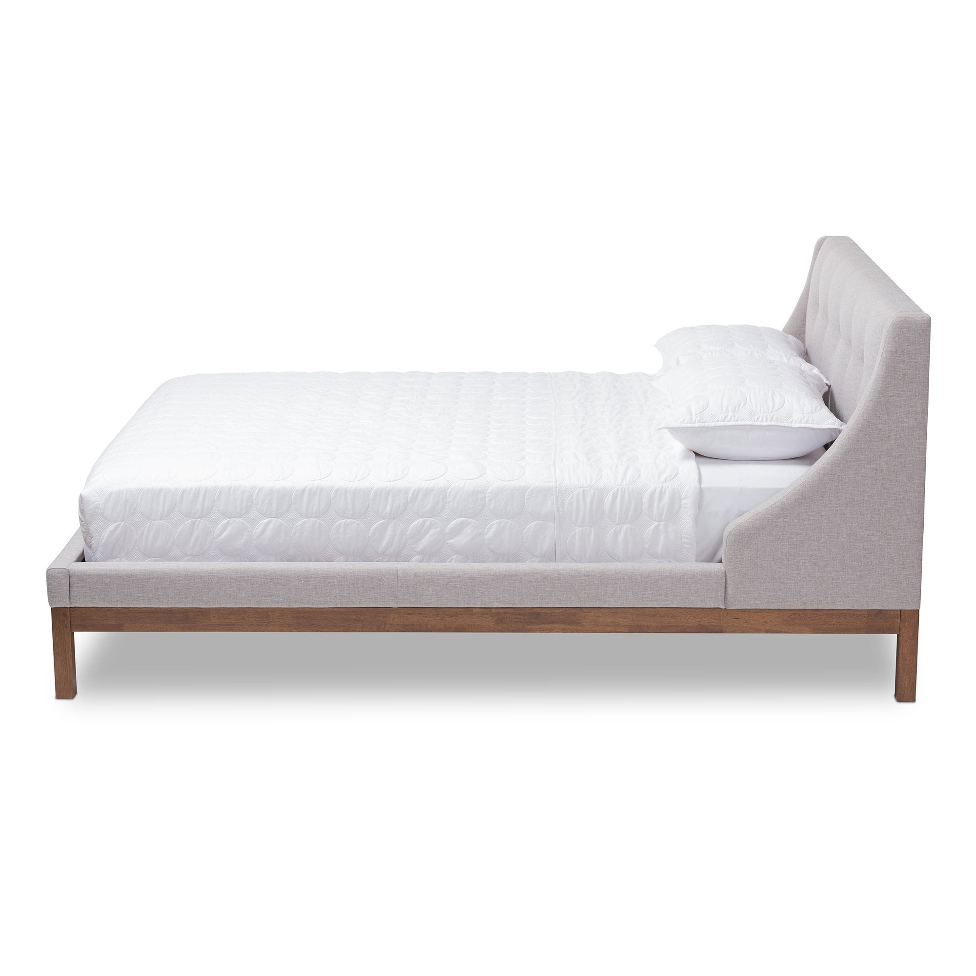 Baxton Studio Louvain Modern and Contemporary Greyish Beige Fabric Upholstered Walnut-Finished Queen Sized Platform Bed