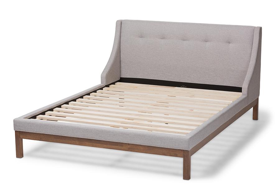 Baxton Studio Louvain Modern and Contemporary Greyish Beige Fabric Upholstered Walnut-Finished Full Sized Platform Bed