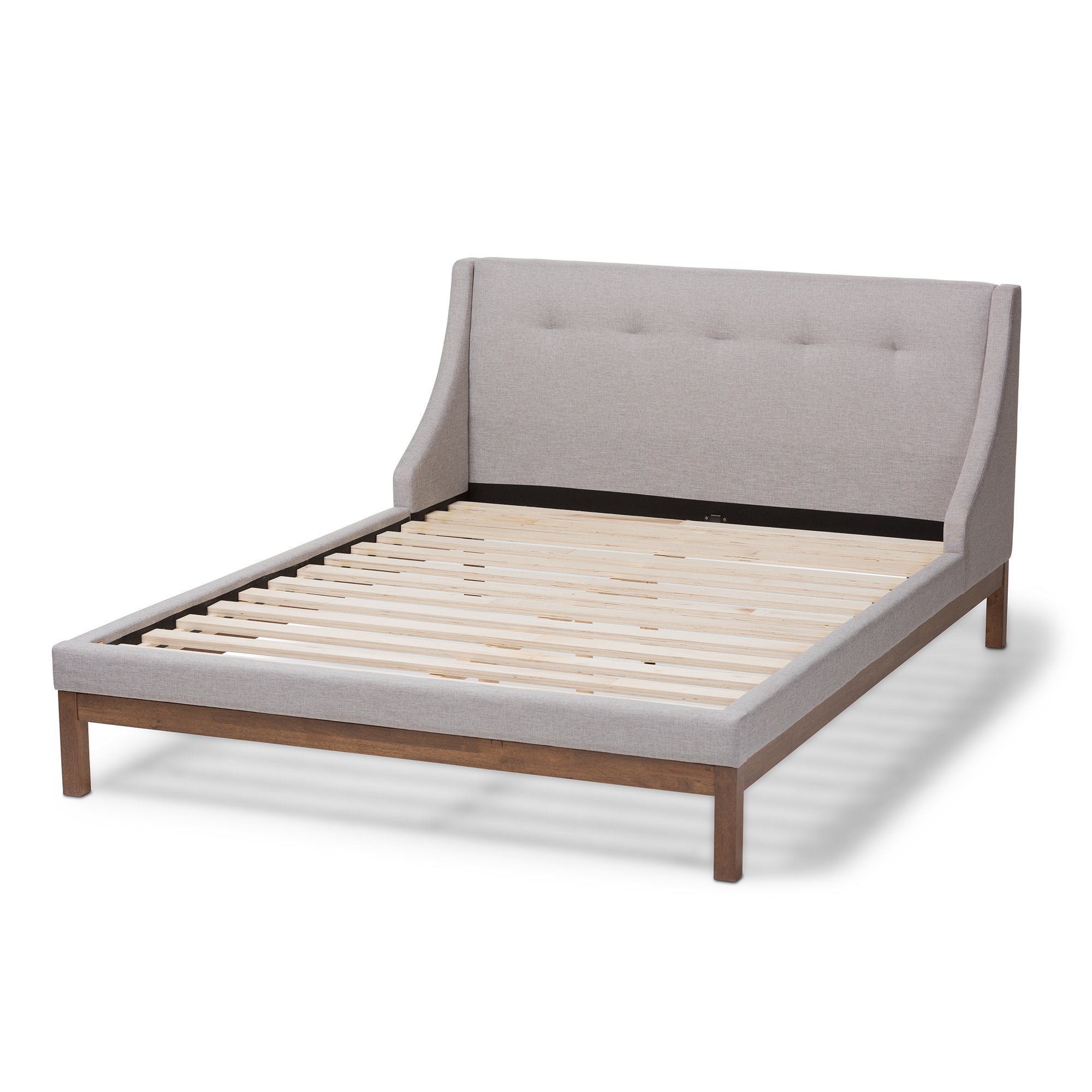 Baxton Studio Louvain Modern and Contemporary Greyish Beige Fabric Upholstered Walnut-Finished Queen Sized Platform Bed