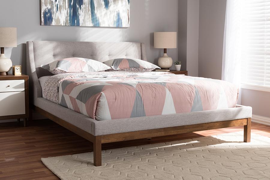 Baxton Studio Louvain Modern and Contemporary Greyish Beige Fabric Upholstered Walnut-Finished Full Sized Platform Bed