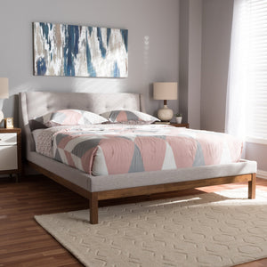 Baxton Studio Louvain Modern and Contemporary Greyish Beige Fabric Upholstered Walnut-Finished Queen Sized Platform Bed