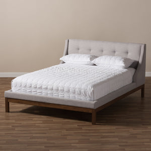 Baxton Studio Louvain Modern and Contemporary Greyish Beige Fabric Upholstered Walnut-Finished Queen Sized Platform Bed