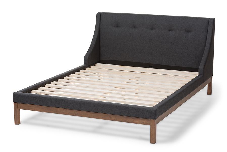 Baxton Studio Louvain Modern and Contemporary Dark Grey Fabric Upholstered Walnut-Finished Full Sized Platform Bed