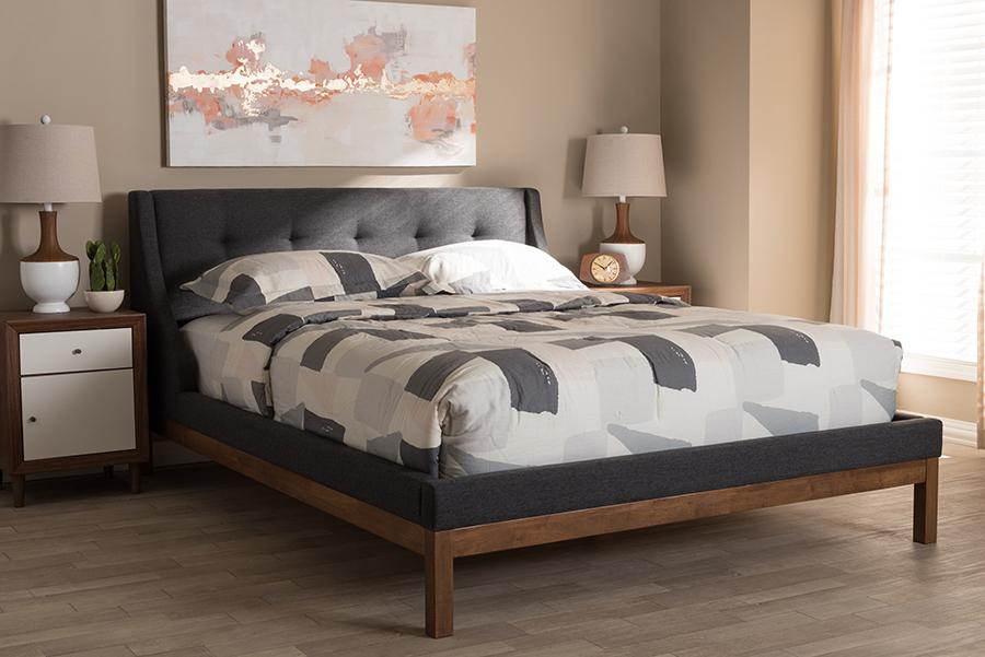 Baxton Studio Louvain Modern and Contemporary Dark Grey Fabric Upholstered Walnut-Finished Queen Sized Platform Bed