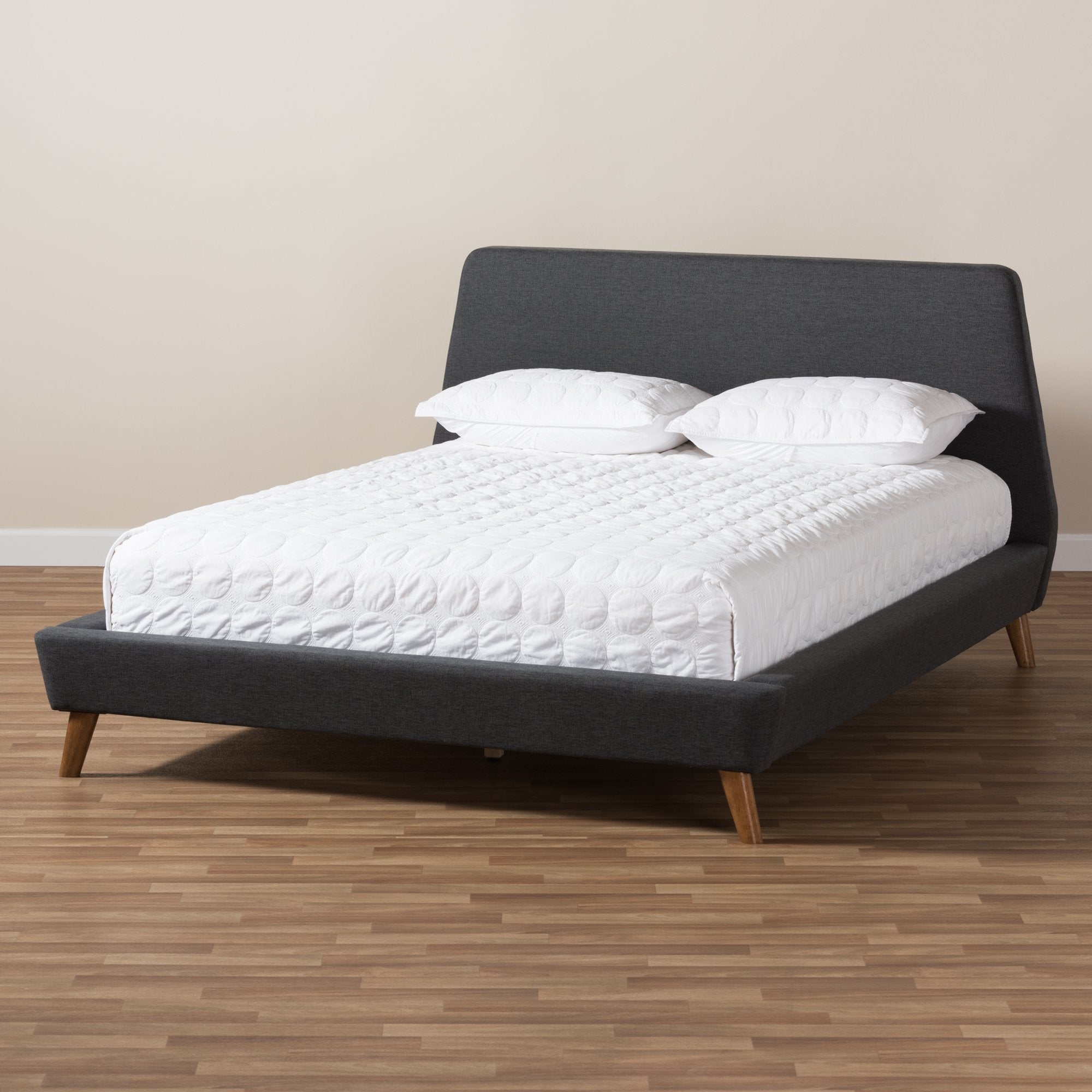 Baxton Studio Sinclaire Modern and Contemporary Dark Grey Fabric Upholstered Walnut-Finished Queen Sized Platform Bed