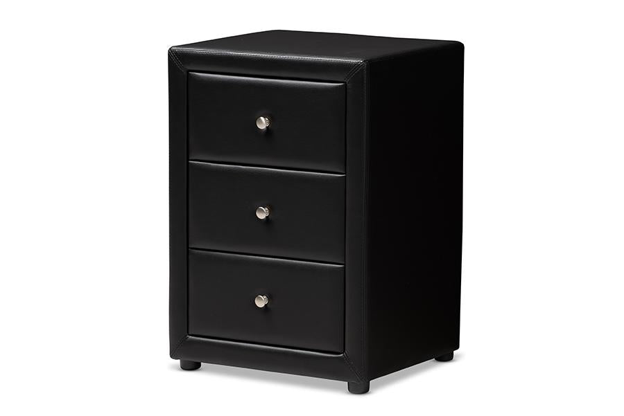 Baxton Studio Tessa Modern and Contemporary Black Faux Leather Upholstered 3-Drawer Nightstand