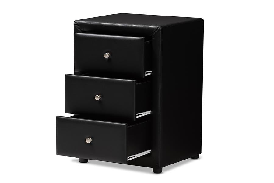 Baxton Studio Tessa Modern and Contemporary Black Faux Leather Upholstered 3-Drawer Nightstand