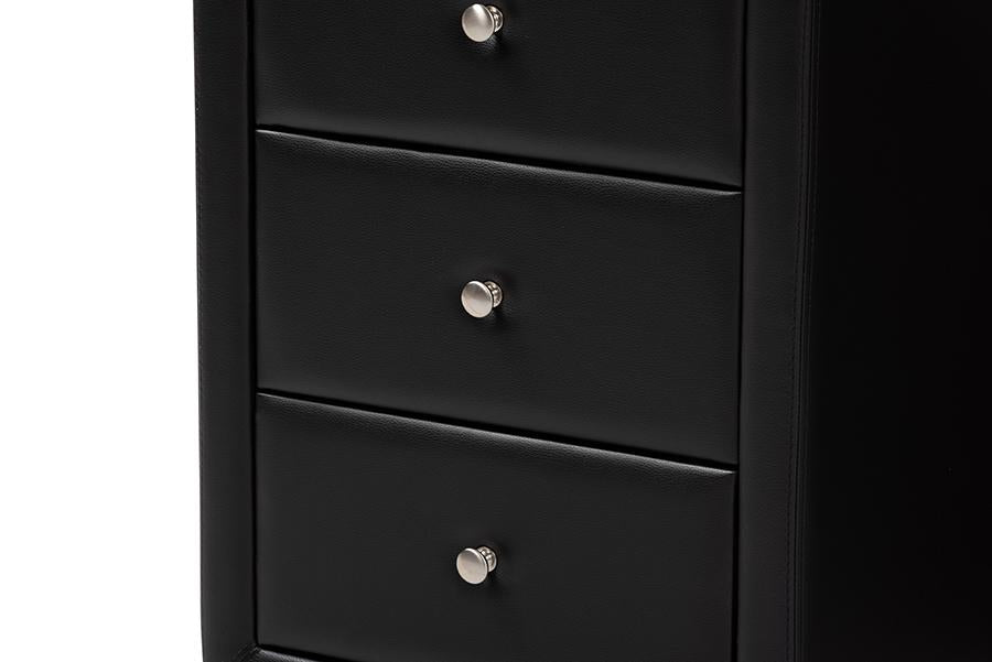 Baxton Studio Tessa Modern and Contemporary Black Faux Leather Upholstered 3-Drawer Nightstand