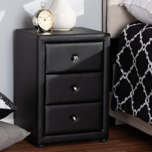 Baxton Studio Tessa Modern and Contemporary Black Faux Leather Upholstered 3-Drawer Nightstand