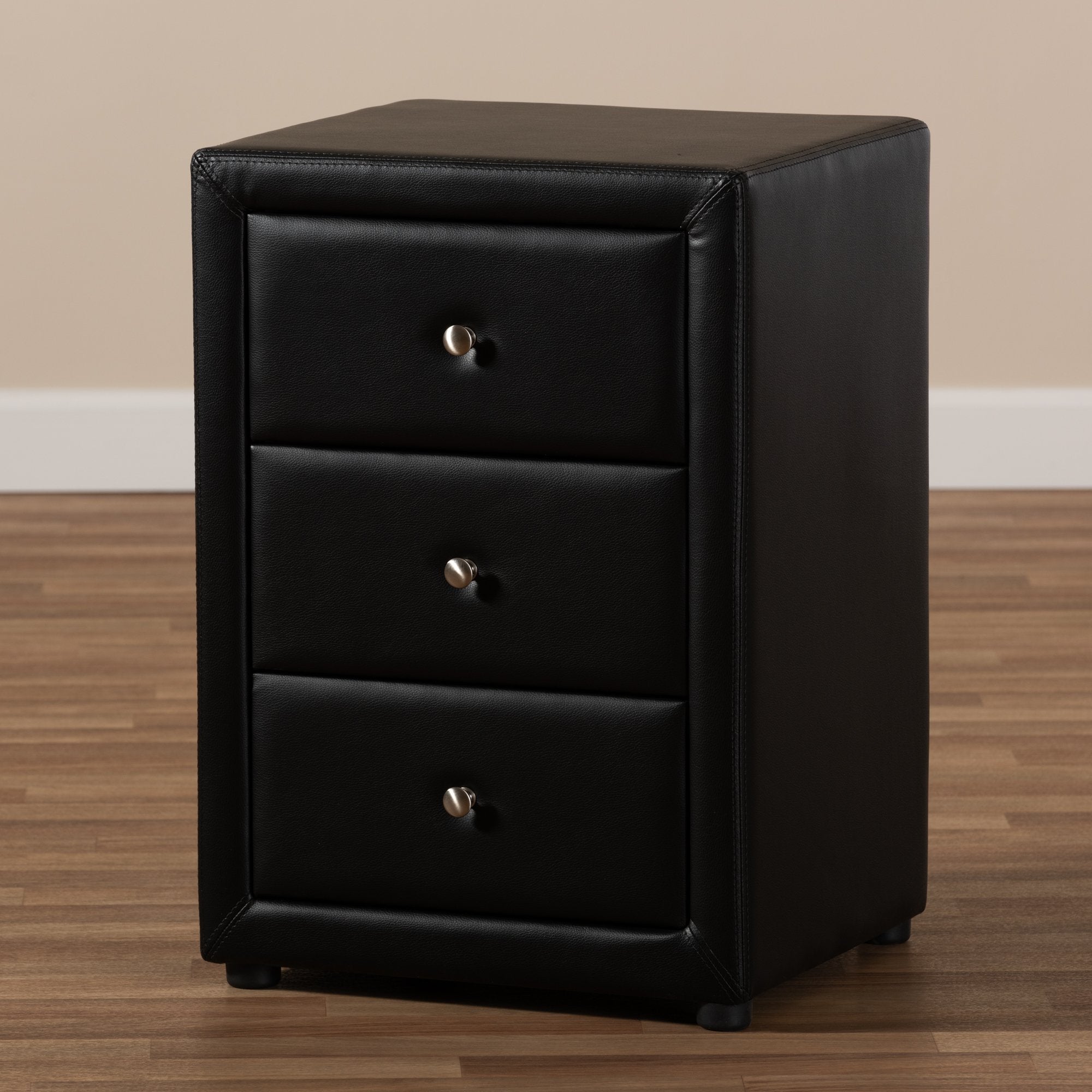 Baxton Studio Tessa Modern and Contemporary Black Faux Leather Upholstered 3-Drawer Nightstand