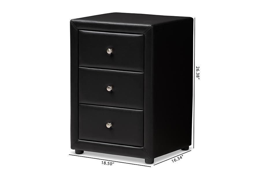 Baxton Studio Tessa Modern and Contemporary Black Faux Leather Upholstered 3-Drawer Nightstand