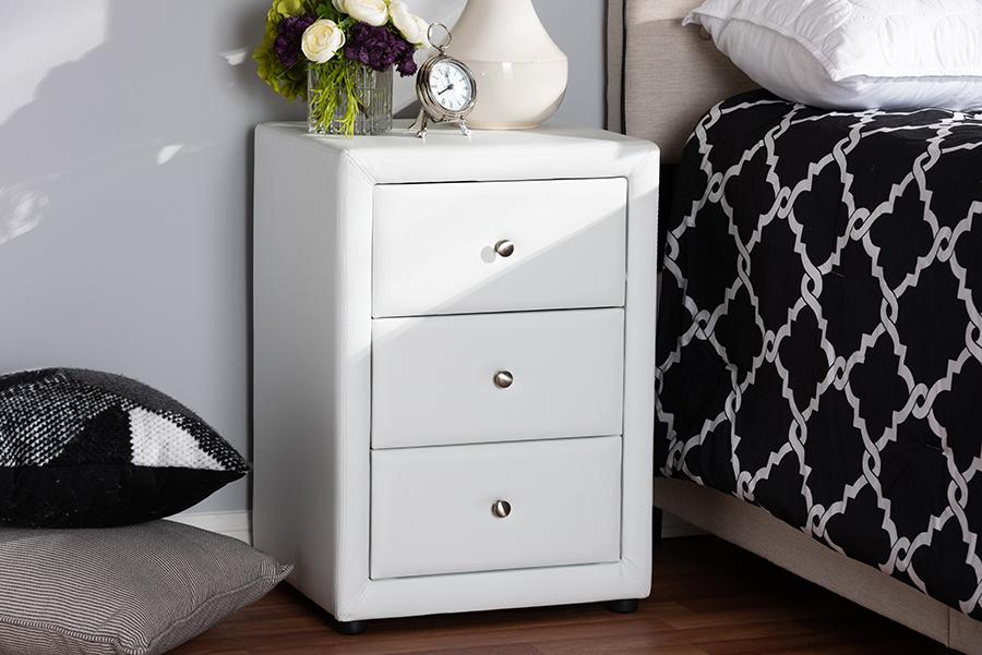 Baxton Studio Tessa Modern and Contemporary White Faux Leather Upholstered 3-Drawer Nightstand