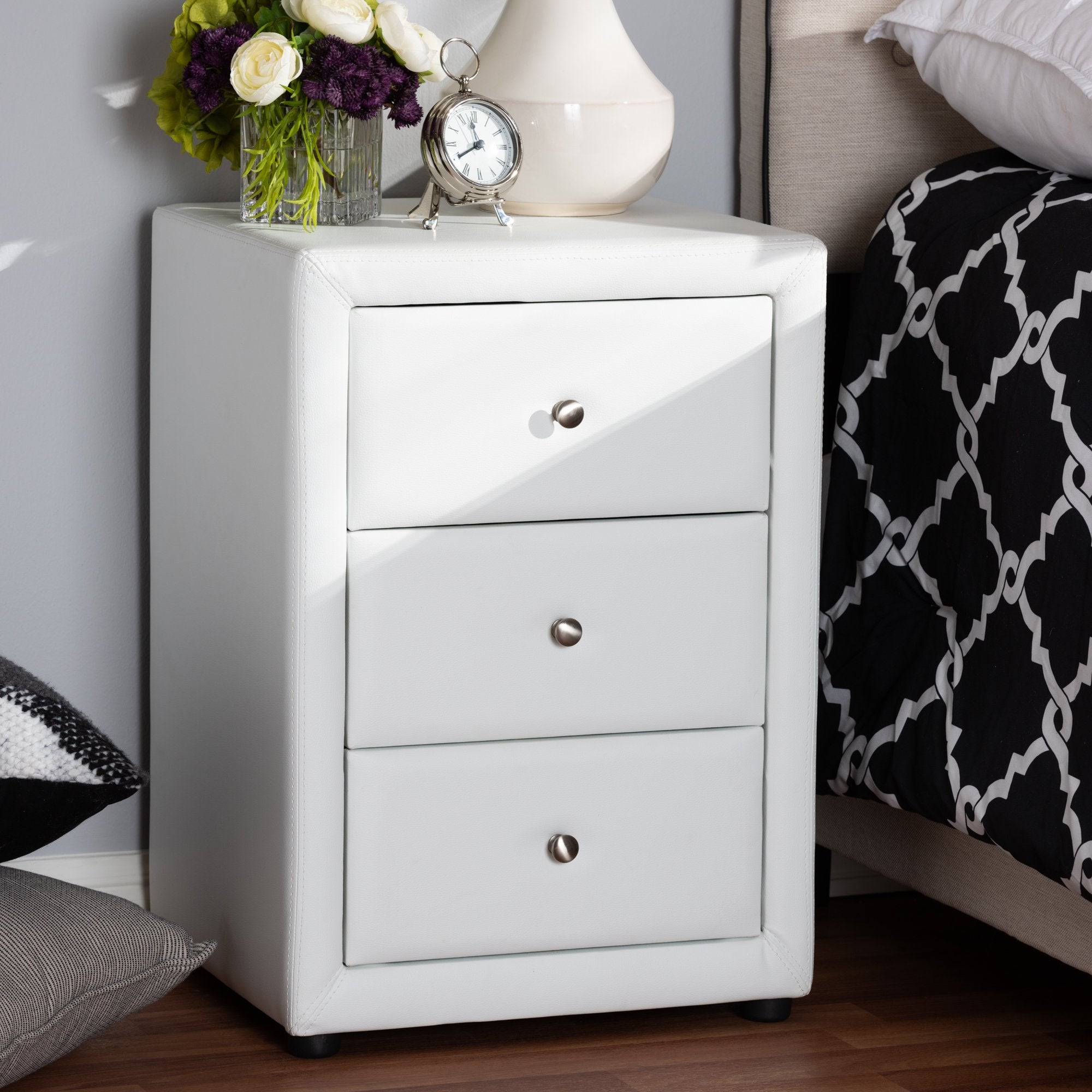 Baxton Studio Tessa Modern and Contemporary White Faux Leather Upholstered 3-Drawer Nightstand