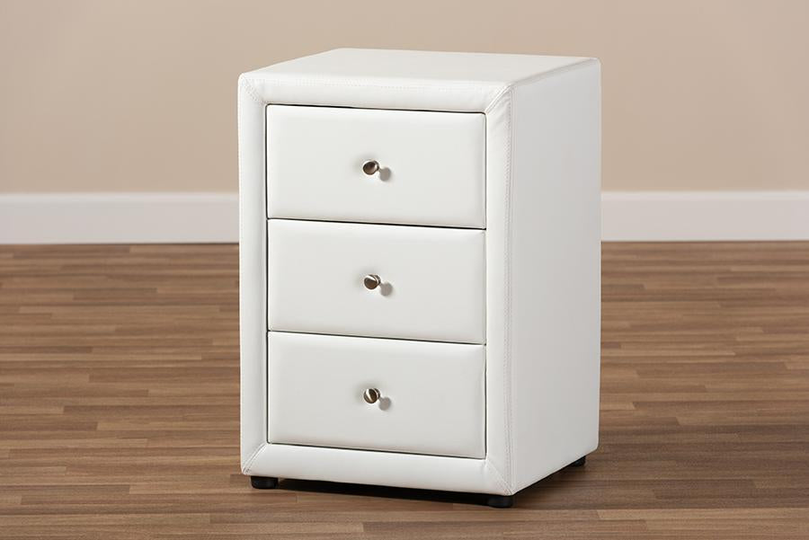 Baxton Studio Tessa Modern and Contemporary White Faux Leather Upholstered 3-Drawer Nightstand