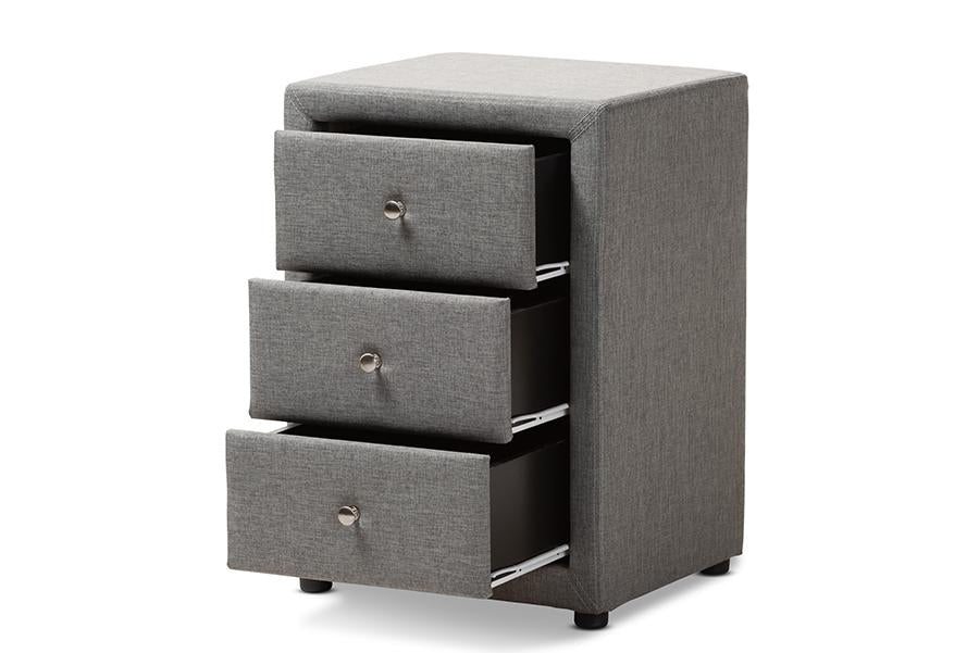 Baxton Studio Tessa Modern and Contemporary Grey Fabric Upholstered 3-Drawer Nightstand