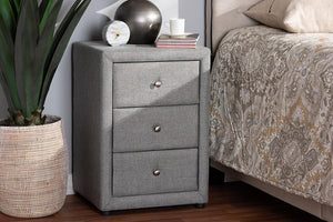 Baxton Studio Tessa Modern and Contemporary Grey Fabric Upholstered 3-Drawer Nightstand