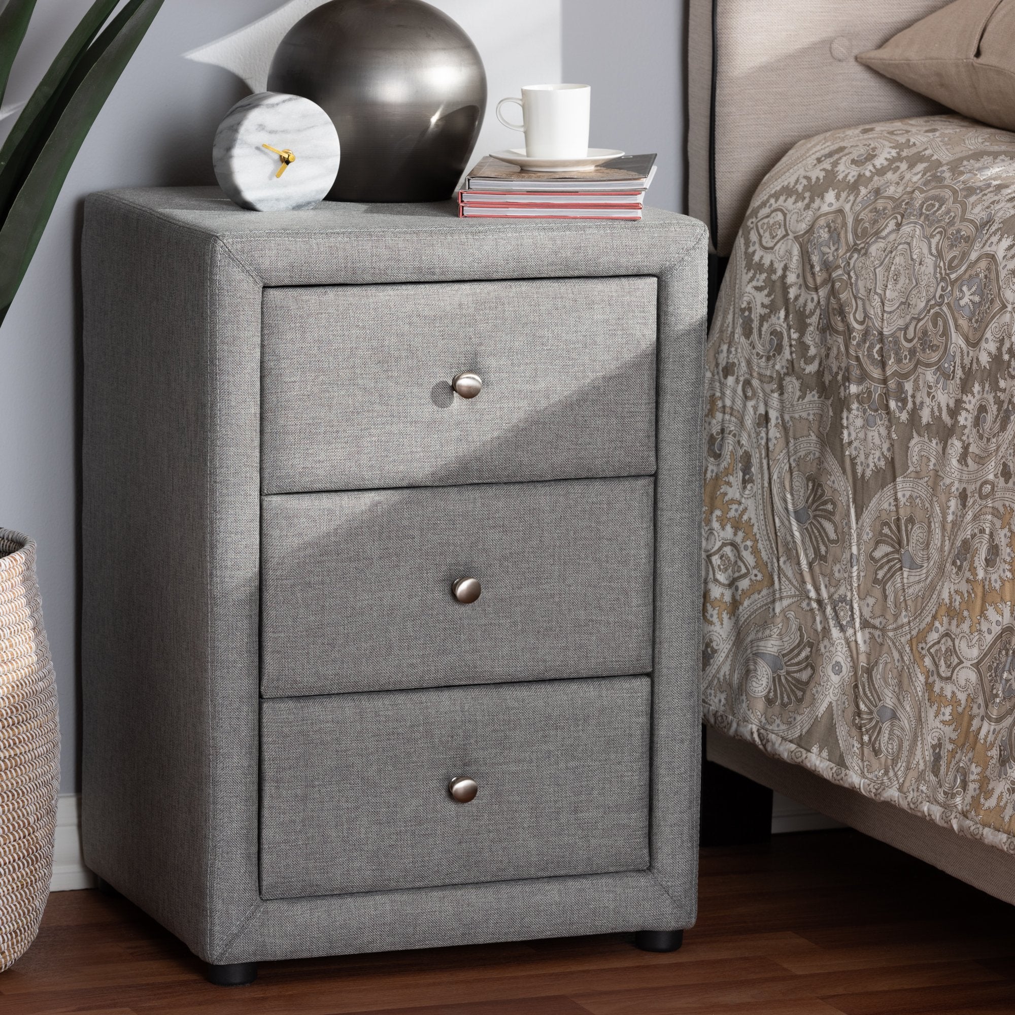 Baxton Studio Tessa Modern and Contemporary Grey Fabric Upholstered 3-Drawer Nightstand