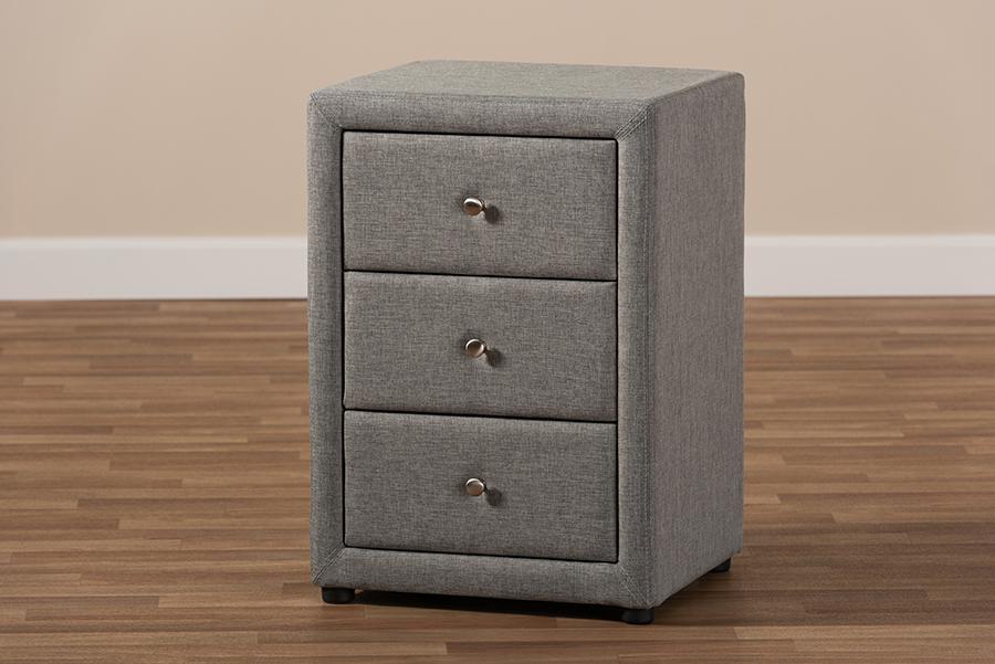 Baxton Studio Tessa Modern and Contemporary Grey Fabric Upholstered 3-Drawer Nightstand