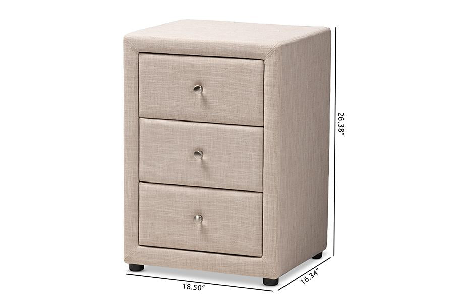 Baxton Studio Tessa Modern and Contemporary Beige Fabric Upholstered 3-Drawer Nightstand