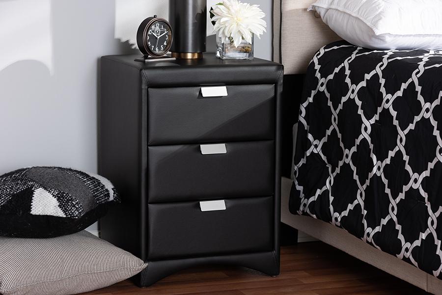 Baxton Studio Talia Modern and Contemporary Black Faux Leather Upholstered 3-Drawer Nightstand