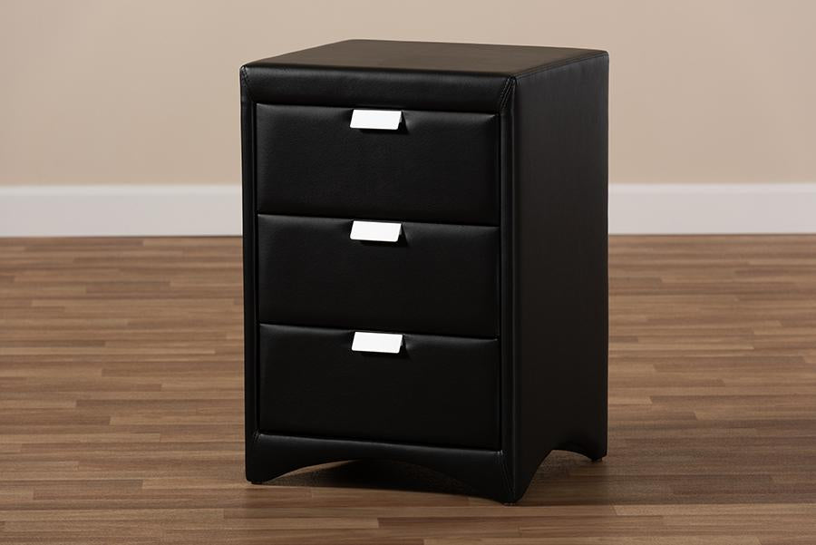 Baxton Studio Talia Modern and Contemporary Black Faux Leather Upholstered 3-Drawer Nightstand