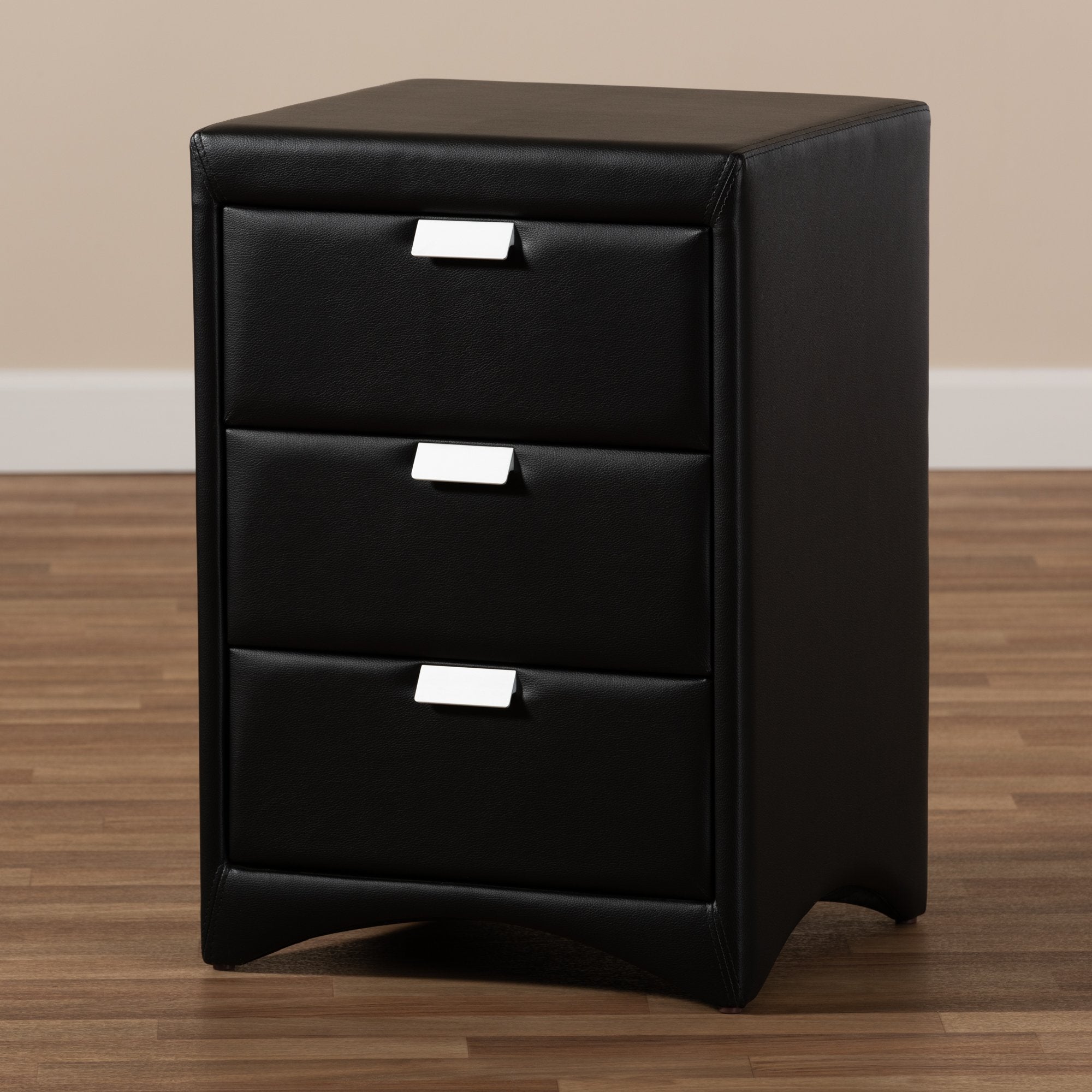 Baxton Studio Talia Modern and Contemporary Black Faux Leather Upholstered 3-Drawer Nightstand