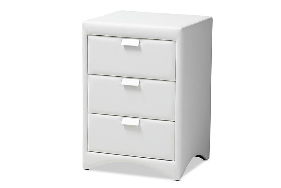 Baxton Studio Talia Modern and Contemporary White Faux Leather Upholstered 3-Drawer Nightstand