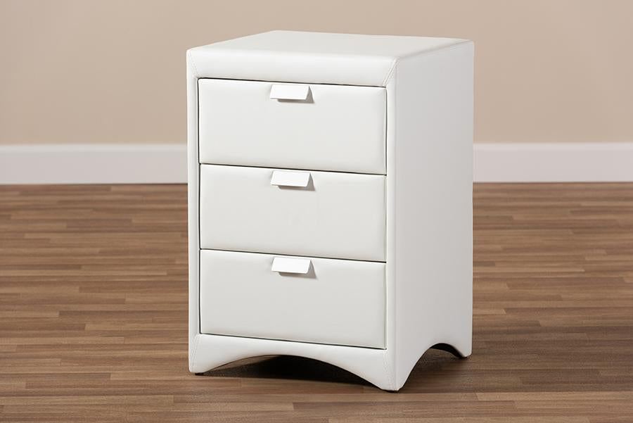 Baxton Studio Talia Modern and Contemporary White Faux Leather Upholstered 3-Drawer Nightstand