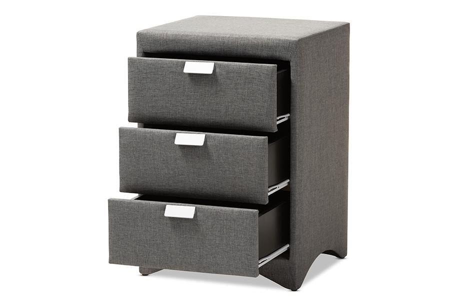 Baxton Studio Talia Modern and Contemporary Grey Fabric Upholstered 3-Drawer Nightstand