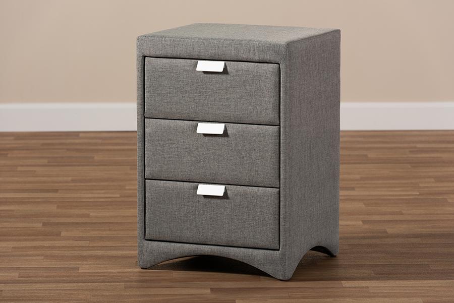 Baxton Studio Talia Modern and Contemporary Grey Fabric Upholstered 3-Drawer Nightstand