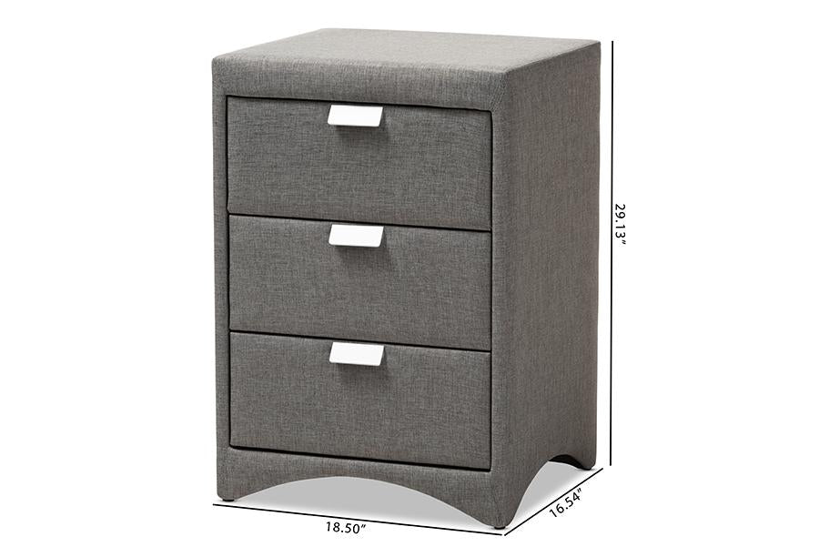 Baxton Studio Talia Modern and Contemporary Grey Fabric Upholstered 3-Drawer Nightstand